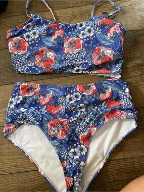 SHEIN Blue Floral Bikini Set with Coral and White Flowers